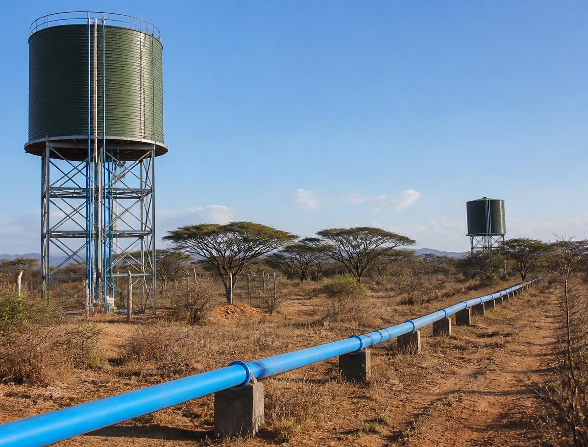 Water storage tanks and pipelines crossing the Kajiado savannah
